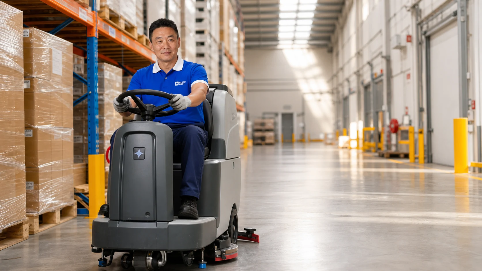 Clean Best warehouse cleaner working to an industrial cleaning plan in Smithfield NSW 2164